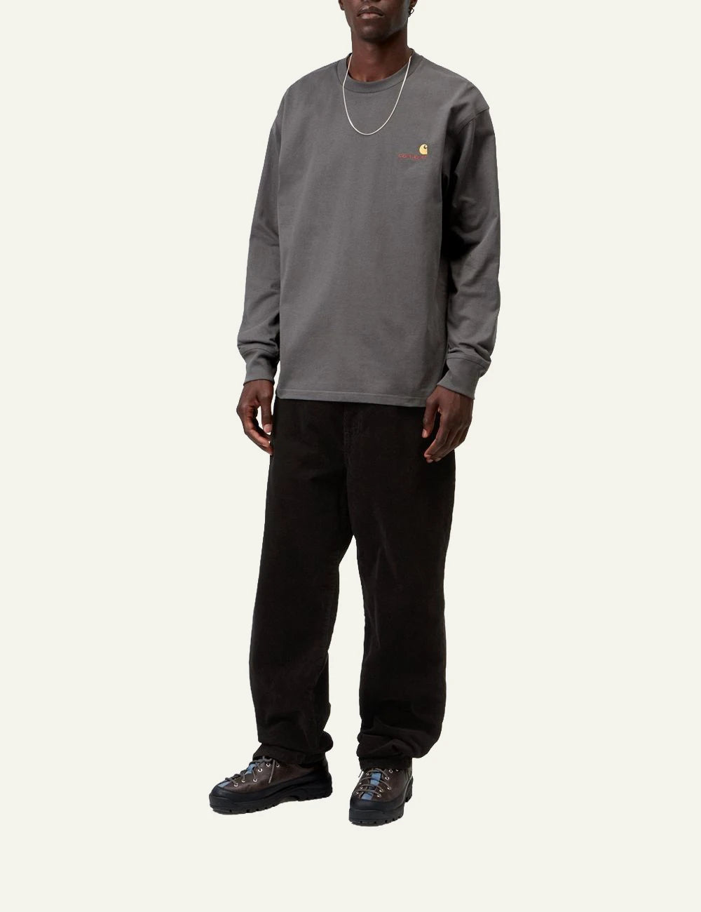 Men's Carhartt WIP L/S American Script T-Shirt in dark grey with embroidered logo full body