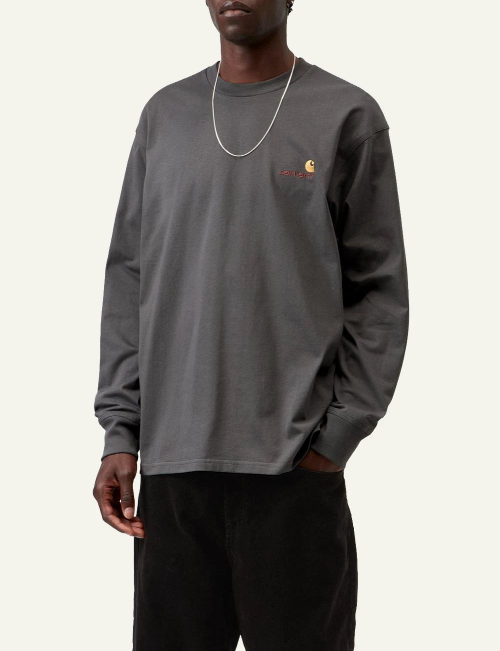 Men's Carhartt WIP L/S American Script T-Shirt in dark grey with embroidered logo model