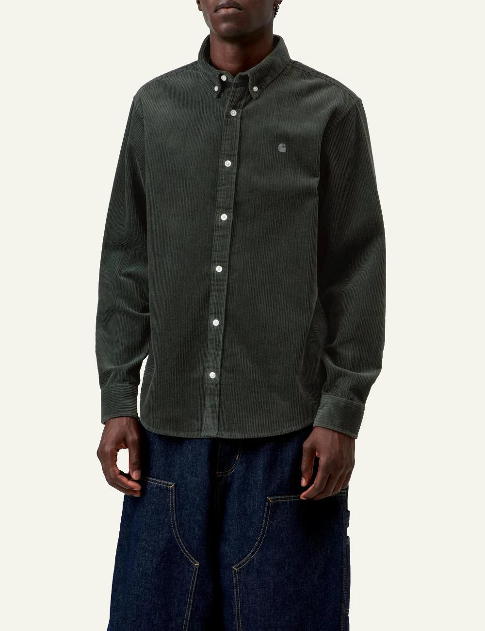 Men's Carhartt WIP L/S Madison Cord Shirt in dark green cotton corduroy model