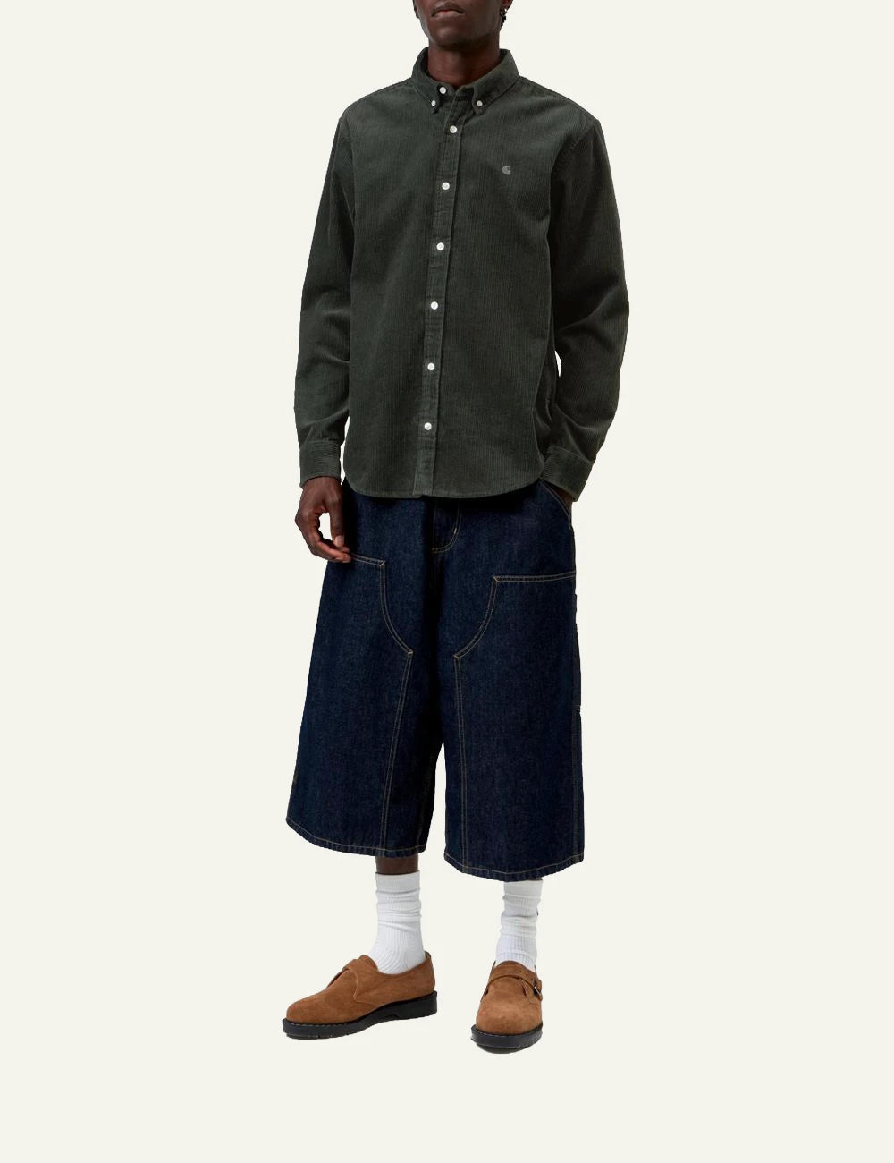 Men's Carhartt WIP L/S Madison Cord Shirt in dark green cotton corduroy full body