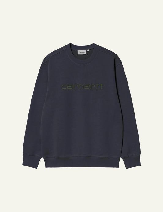 Men's Carhartt WIP navy crewneck sweatshirt with embroidered script logo