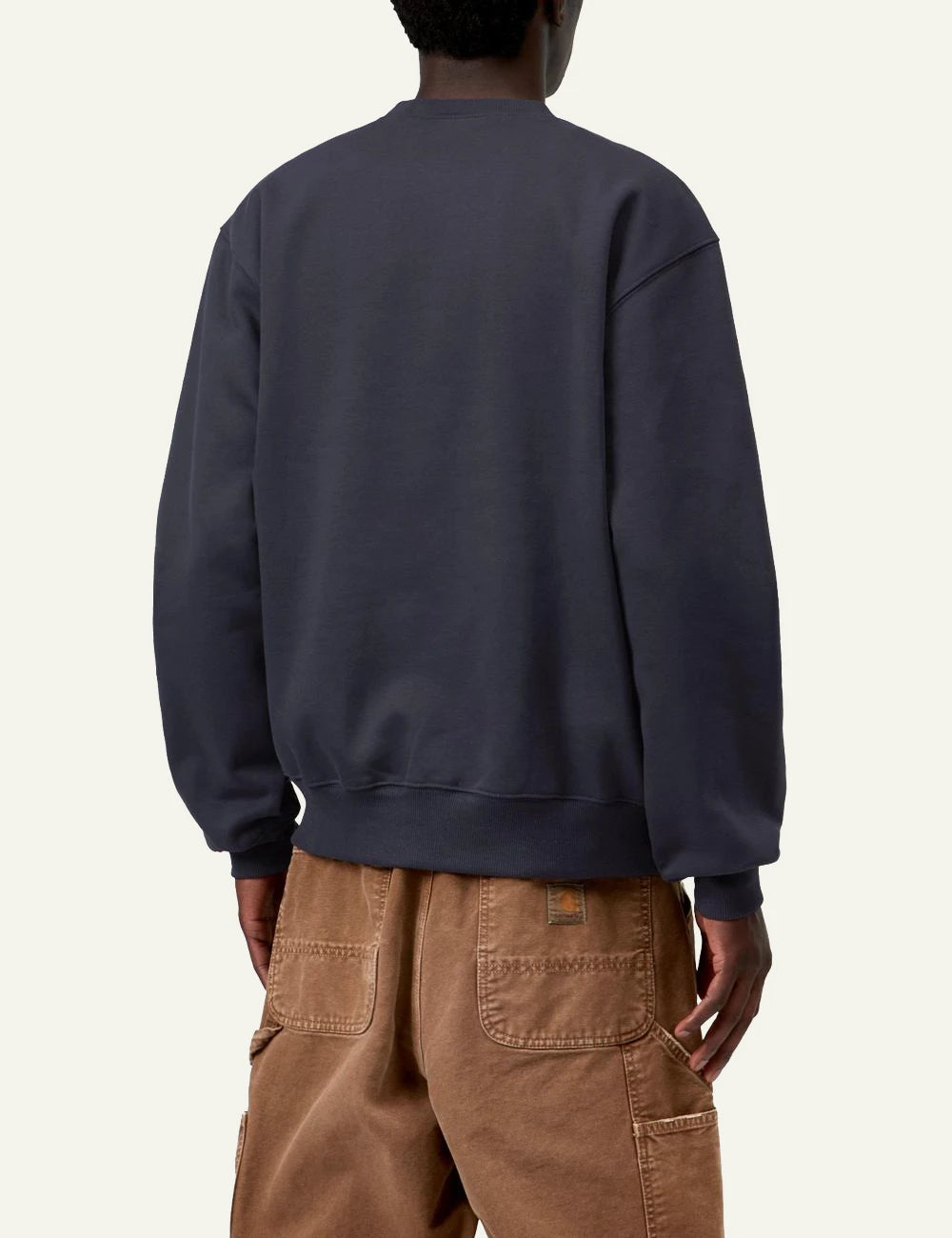 Men's Carhartt WIP navy crewneck sweatshirt with embroidered script logo back