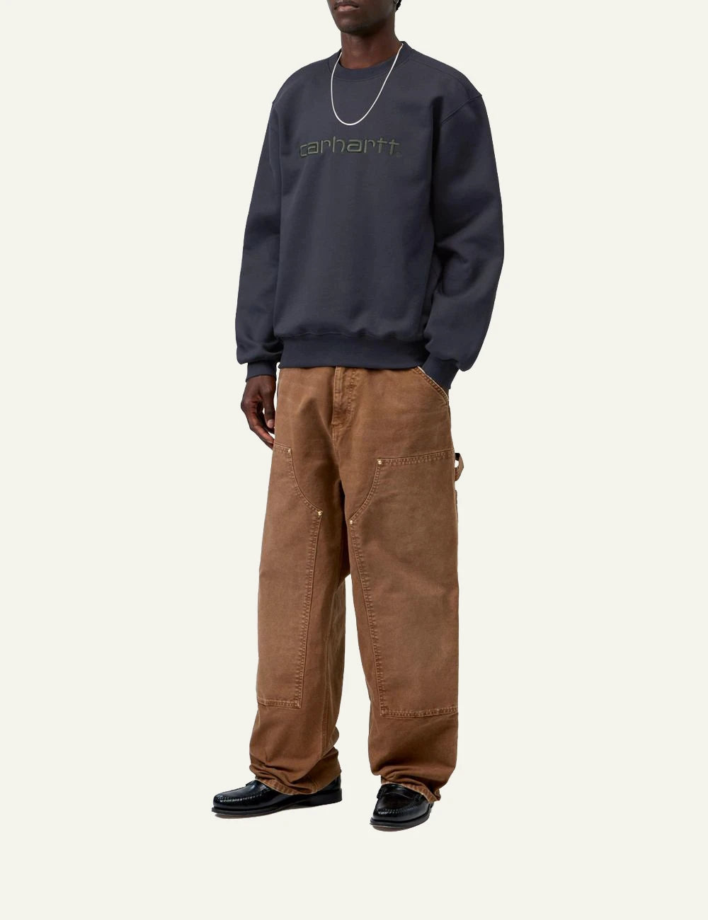 Men's Carhartt WIP navy crewneck sweatshirt with embroidered script logo full body