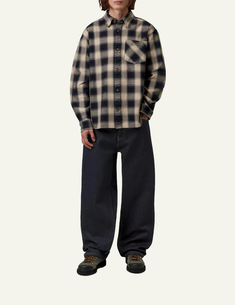 Men's Carhartt WIP Payson Pant in dark blue denim with wide straight fi full body