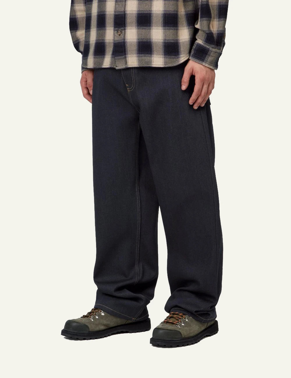 Men's Carhartt WIP Payson Pant in dark blue denim with wide straight fi side