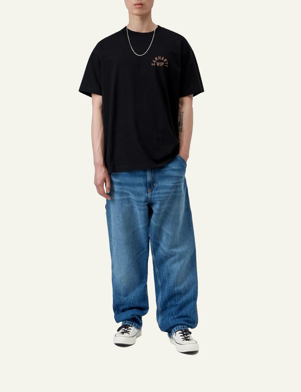 Men's Carhartt WIP S/S Arch Script T-Shirt in black with embroidered chest logo full body