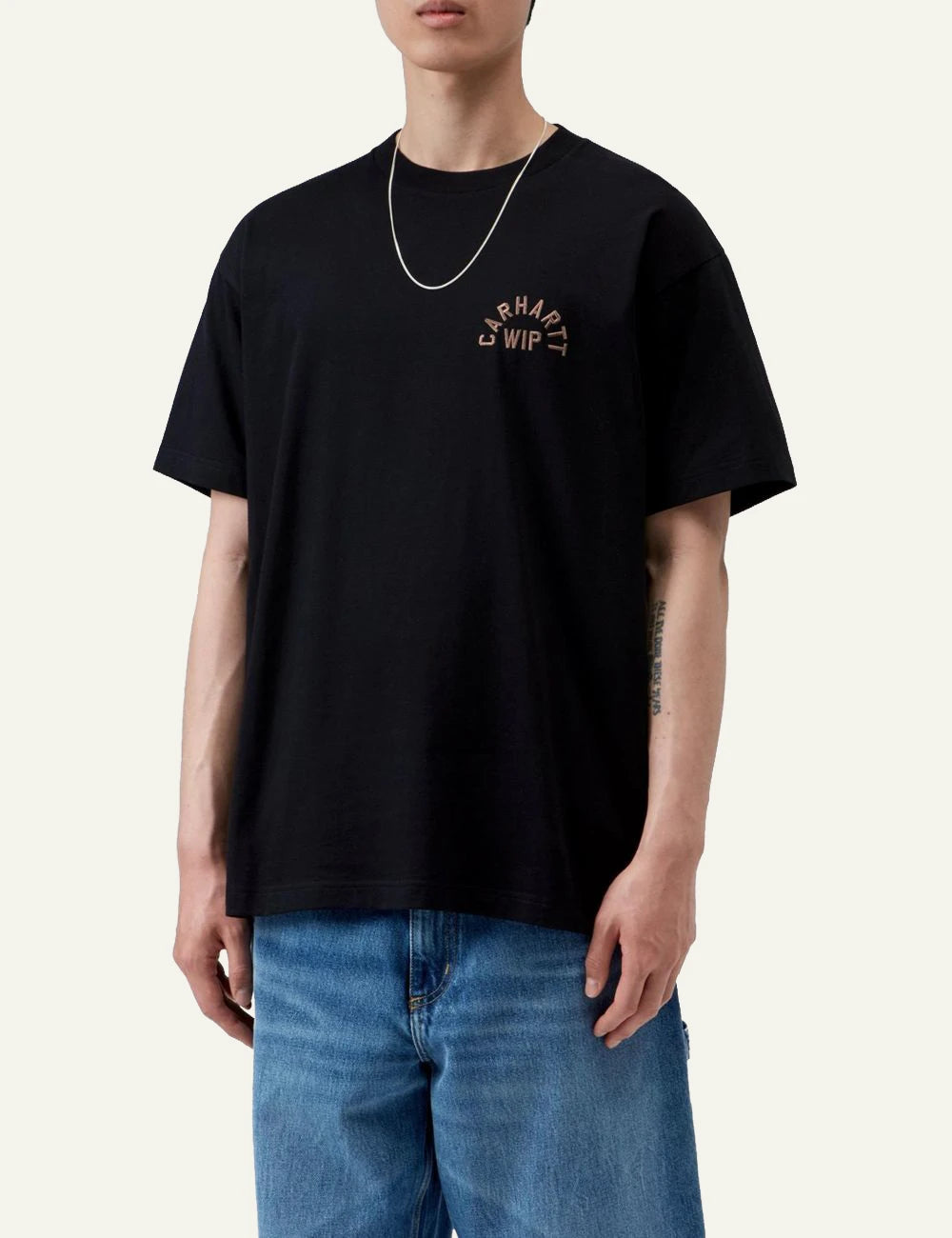 Men's Carhartt WIP S/S Arch Script T-Shirt in black with embroidered chest logo model