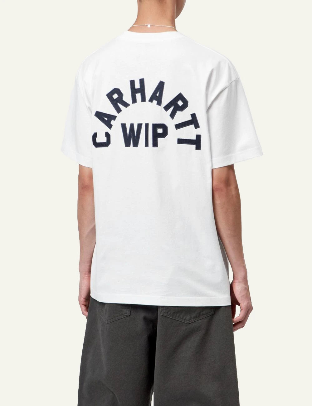 Men's Carhartt WIP S/S Arch Script T-Shirt in white with blue embroidered chest logo back