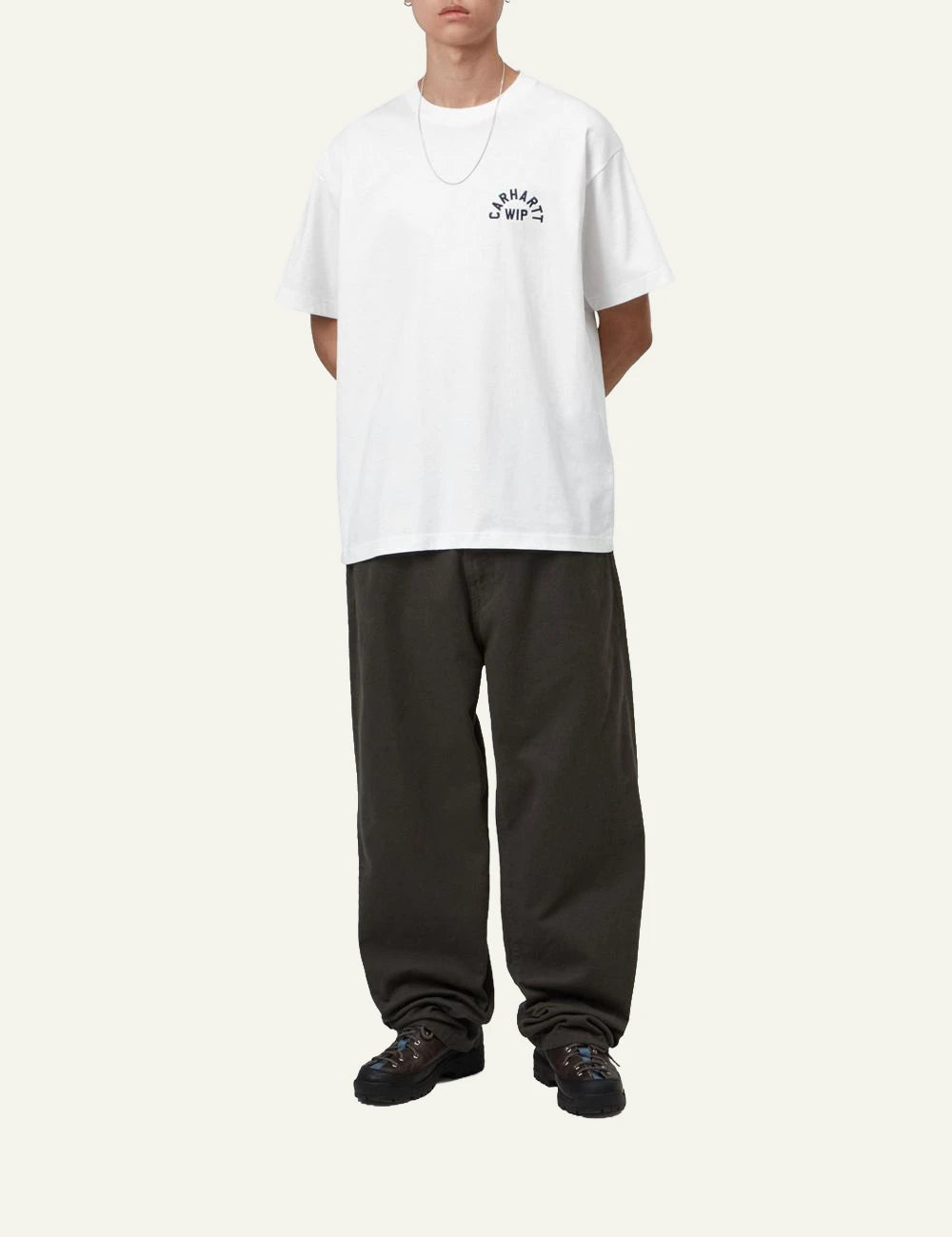 Men's Carhartt WIP S/S Arch Script T-Shirt in white with blue embroidered chest logo full body