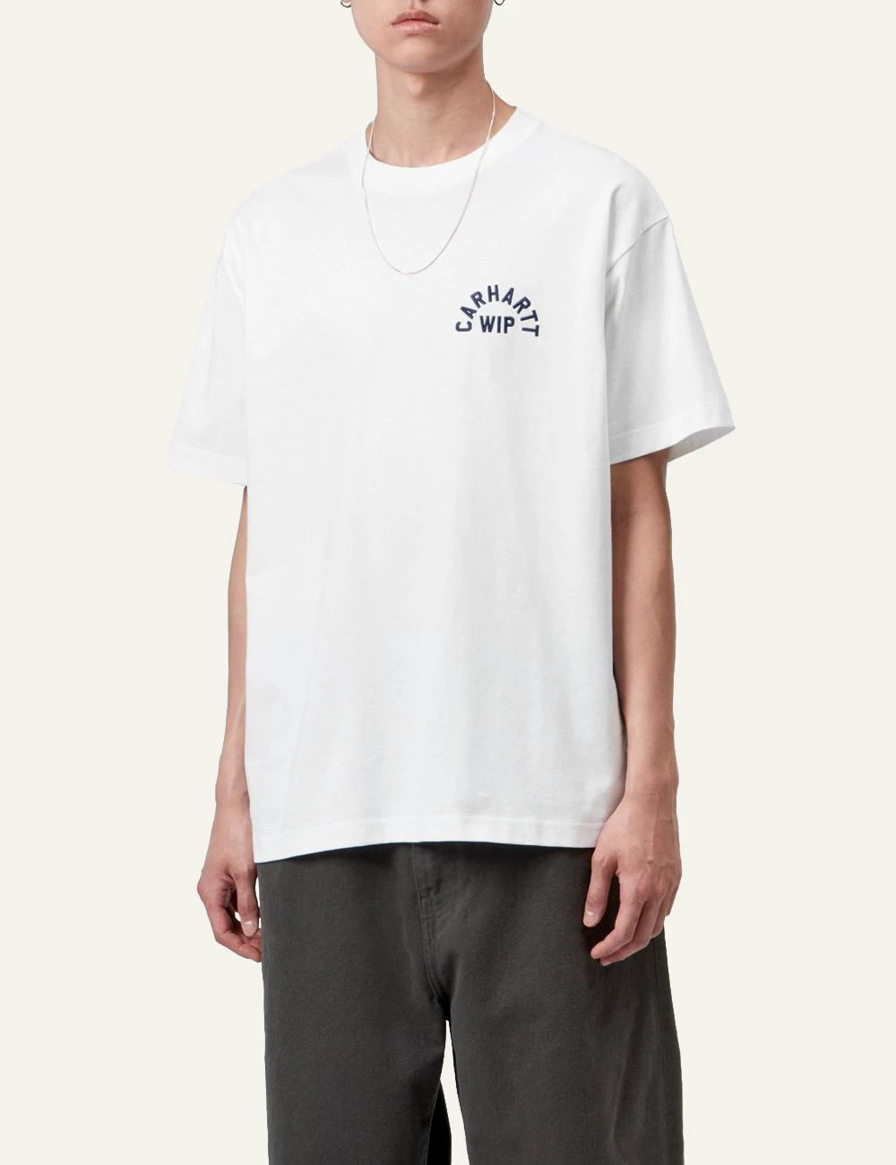 Men's Carhartt WIP S/S Arch Script T-Shirt in white with blue embroidered chest logo model