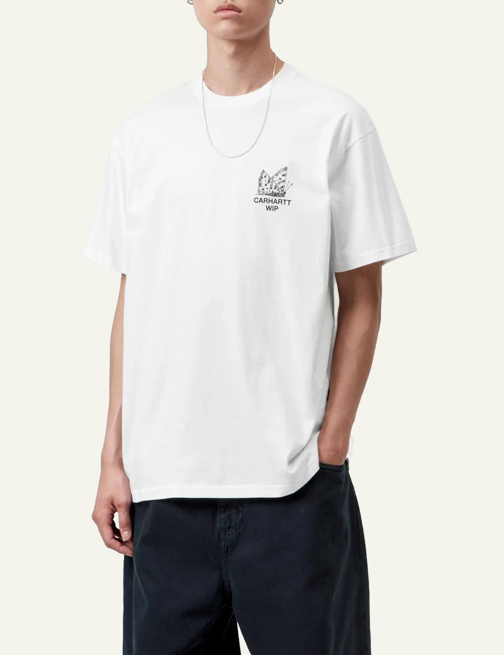 Men's Carhartt WIP S/S Hourglass T-Shirt in white with black graphic prints model