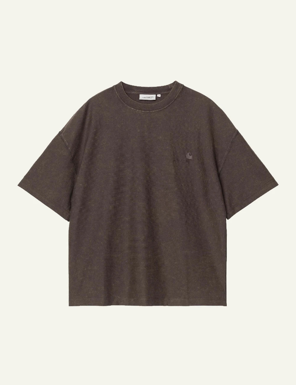 Men's Carhartt WIP S/S Lambert T-Shirt in dark brown with moon wash finish and tonal logo