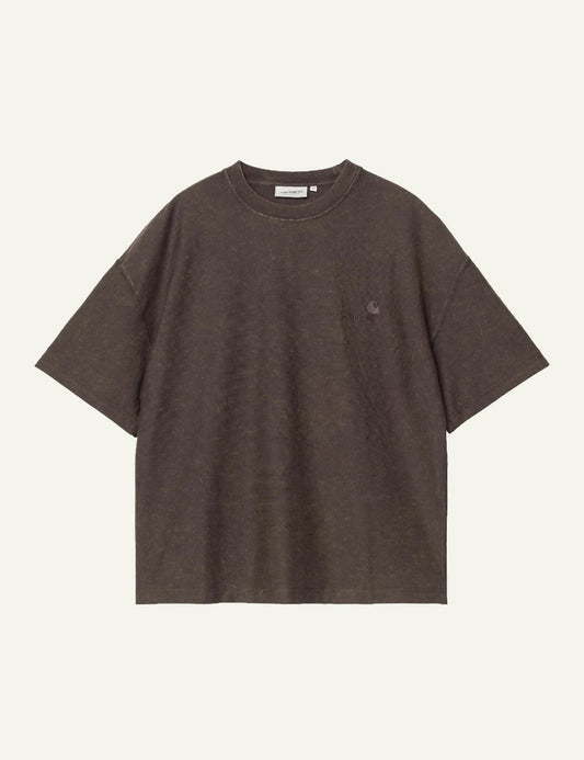 Men's Carhartt WIP S/S Lambert T-Shirt in dark brown with moon wash finish and tonal logo
