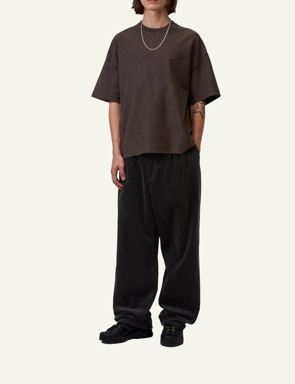 Men's Carhartt WIP S/S Lambert T-Shirt in dark brown with moon wash finish and tonal logo full body