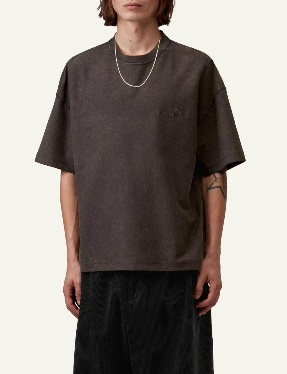 Men's Carhartt WIP S/S Lambert T-Shirt in dark brown with moon wash finish and tonal logo model