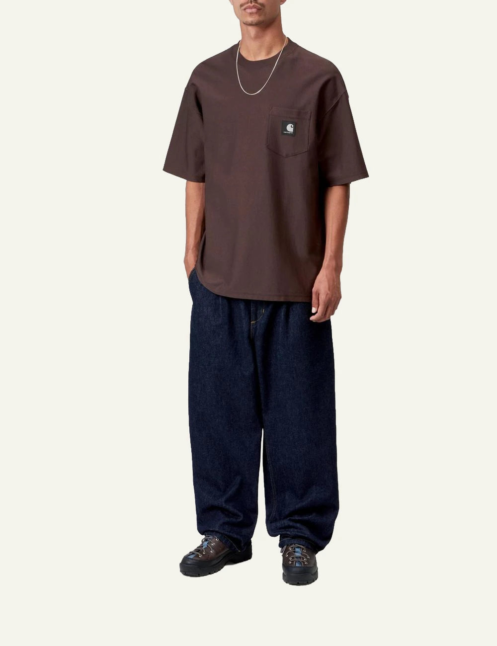 Men's Carhartt WIP S/S OG Loose Pocket T-Shirt in dark brown with black Square Logo Label full body