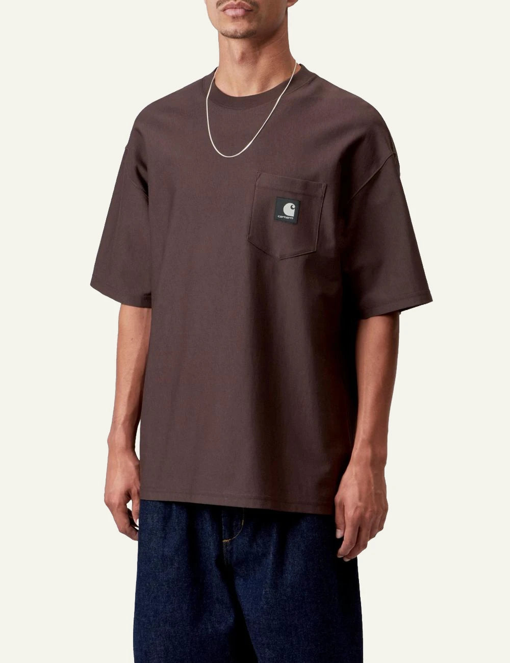 Men's Carhartt WIP S/S OG Loose Pocket T-Shirt in dark brown with black Square Logo Label model