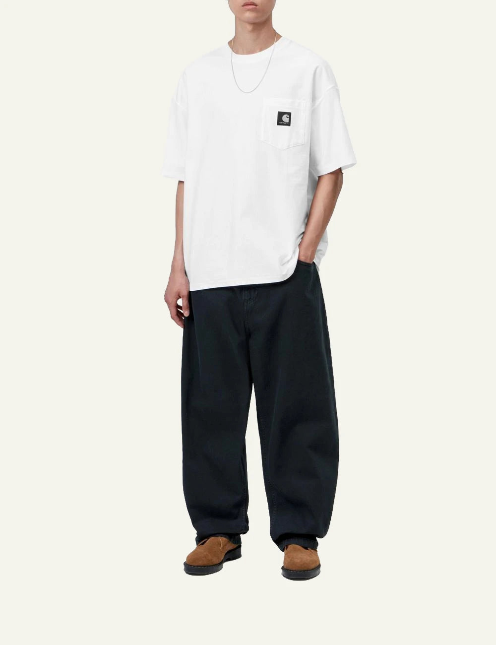 Men's Carhartt WIP S/S OG Loose Pocket T-Shirt in white with black Square Logo Label full body