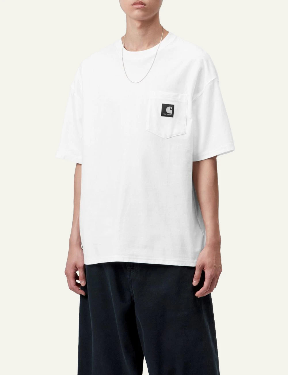 Men's Carhartt WIP S/S OG Loose Pocket T-Shirt in white with black Square Logo Label model