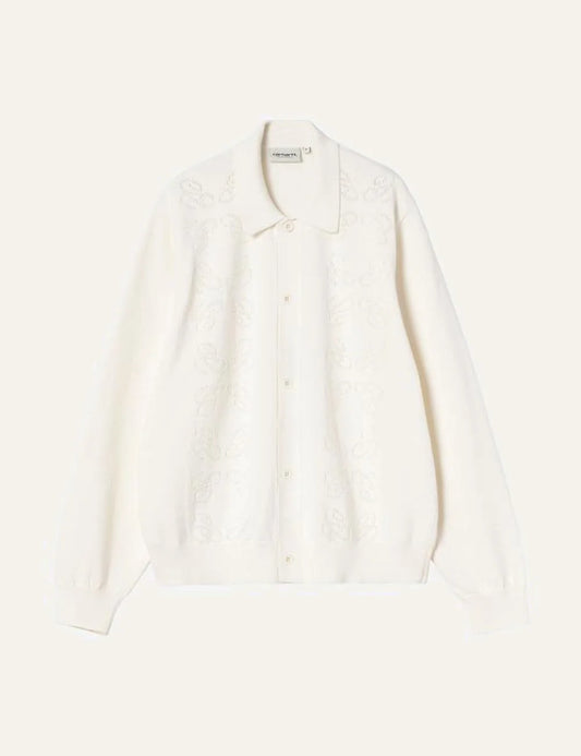 Carhartt WIP off white long sleeve shirt with embroidered front panels and classic collar front flat view