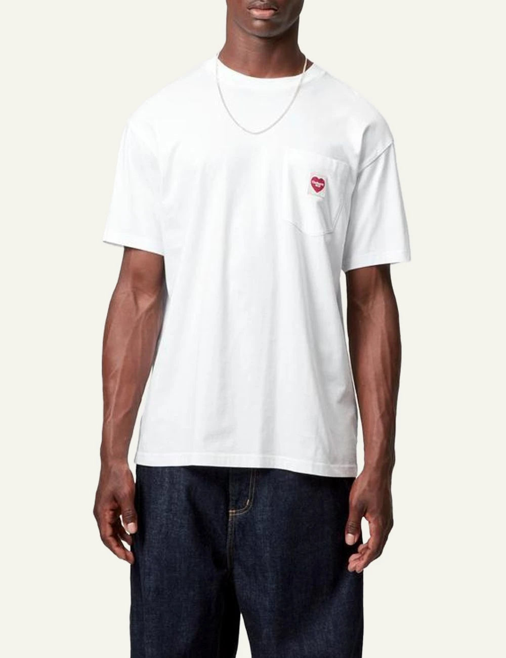 Carhartt WIP white t-shirt with chest pocket and red heart logo front model view 