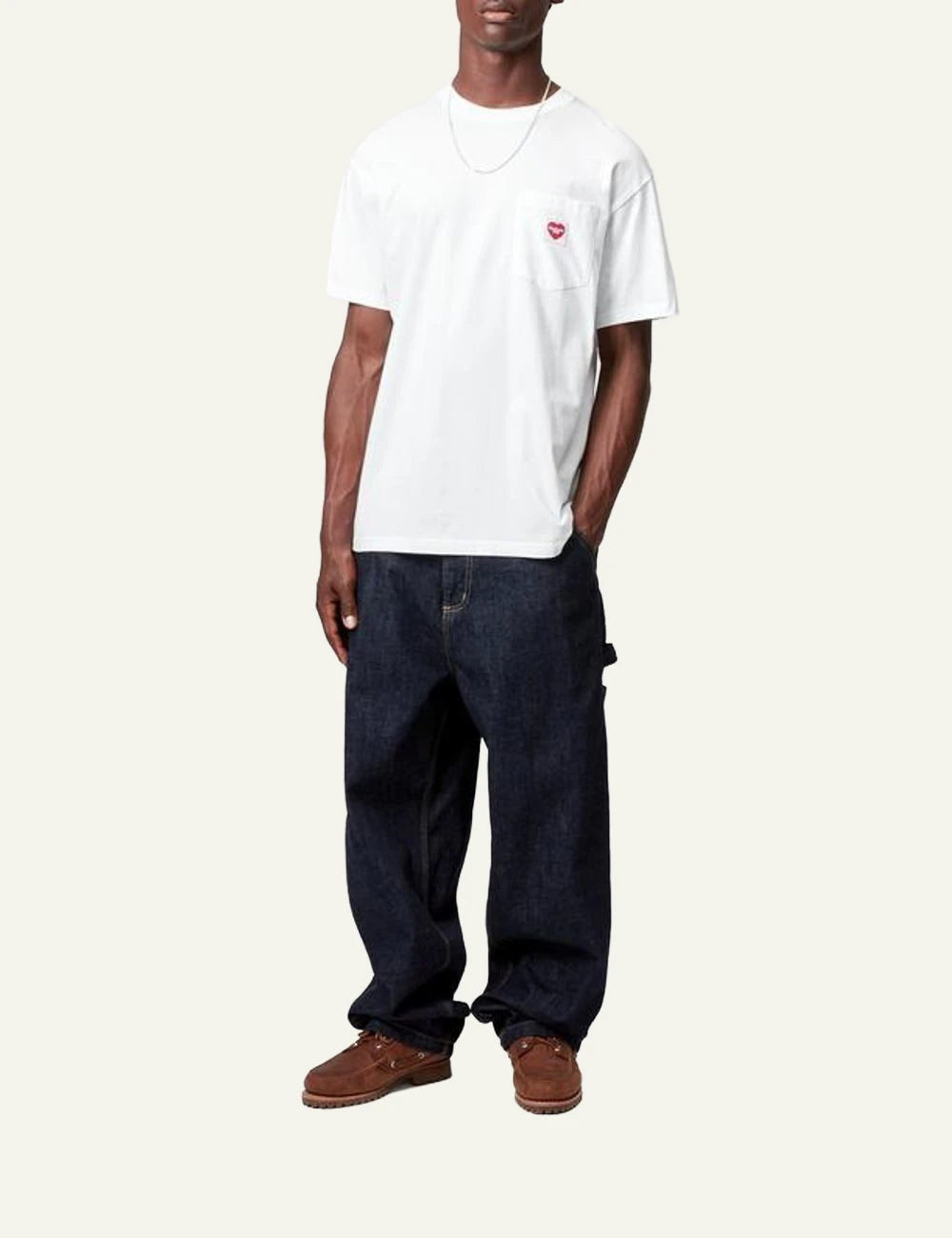 Carhartt WIP white t-shirt with chest pocket and red heart logo full body view