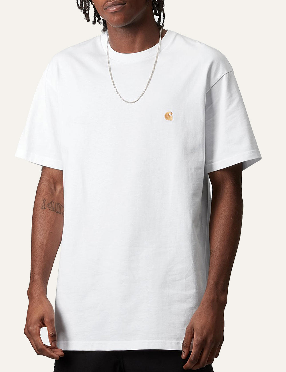 Carhartt WIP white t-shirt small chest logo front model view