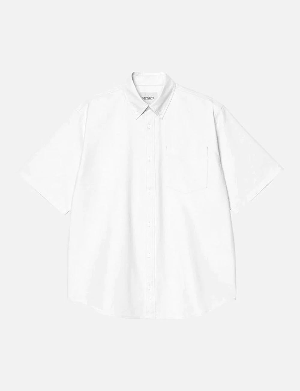 Carhartt WIP white short sleeve button-down shirt with chest pocket front flat view