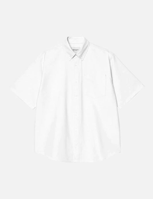 Carhartt WIP white short sleeve button-down shirt with chest pocket front flat view