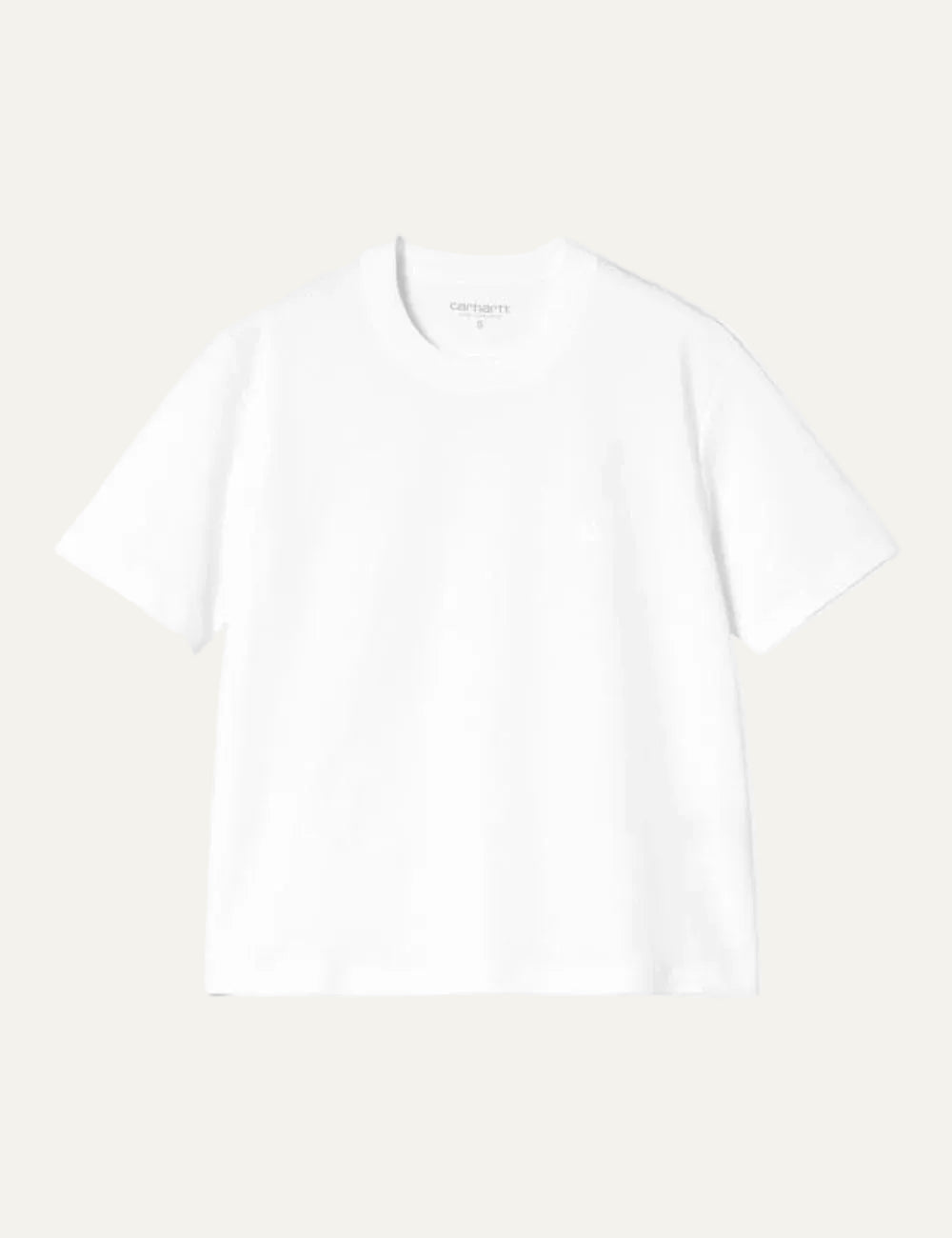 Carhartt WIP white t-shirt with round neckline and subtle chest logo front flat view