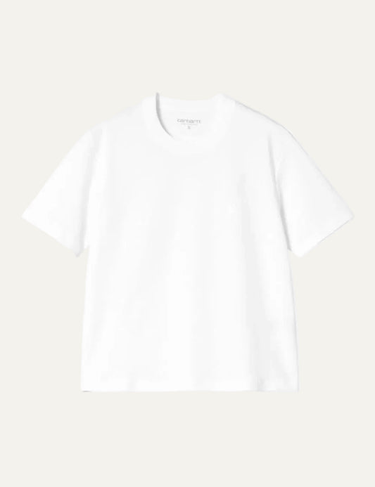 Carhartt WIP white t-shirt with round neckline and subtle chest logo front flat view