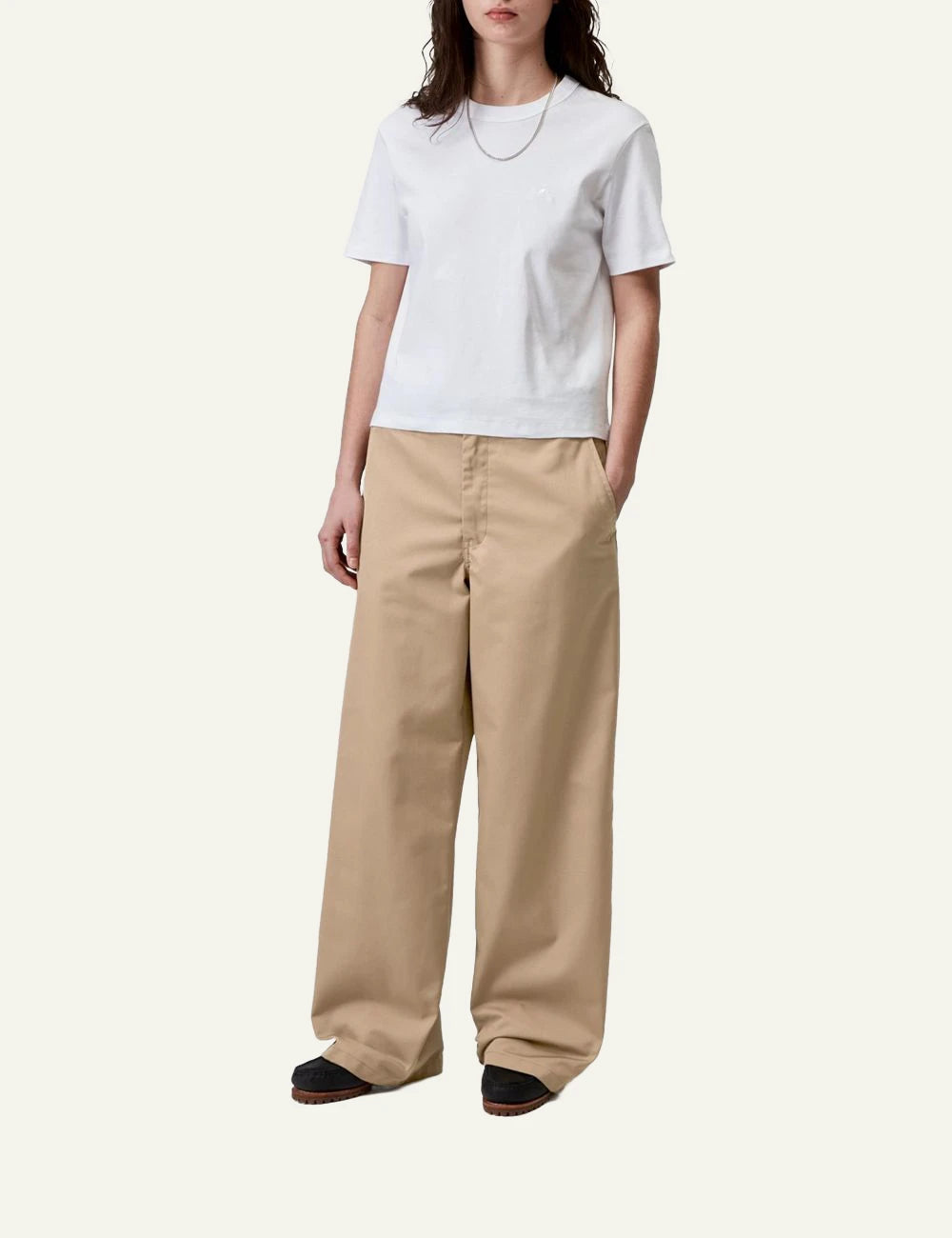 carhartt wip wide leg chino pants beige full body view