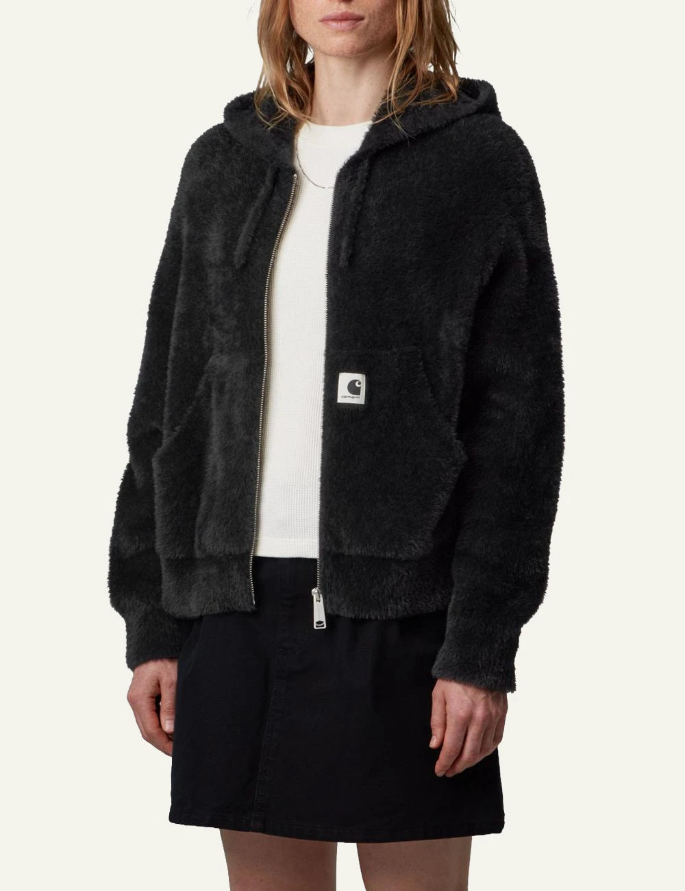 Women's Carhartt WIP black brushed knit hooded jacket with two-way zip and kangaroo pocket model