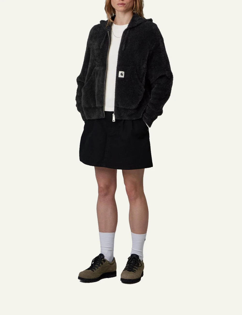 Women's Carhartt WIP black brushed knit hooded jacket with two-way zip and kangaroo pocket full body