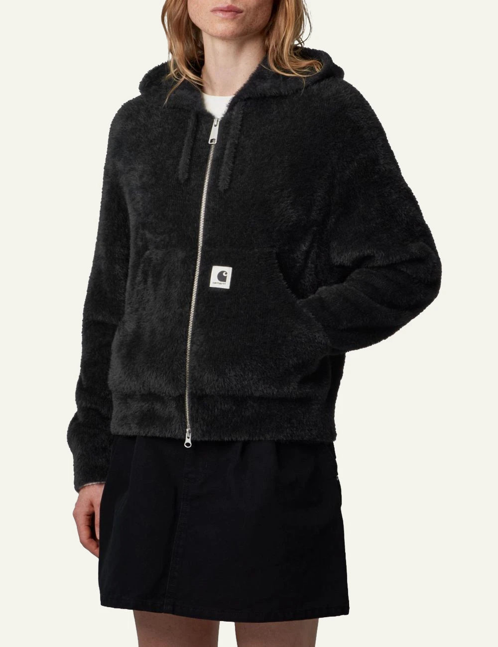 Women's Carhartt WIP black brushed knit hooded jacket with two-way zip and kangaroo pocket