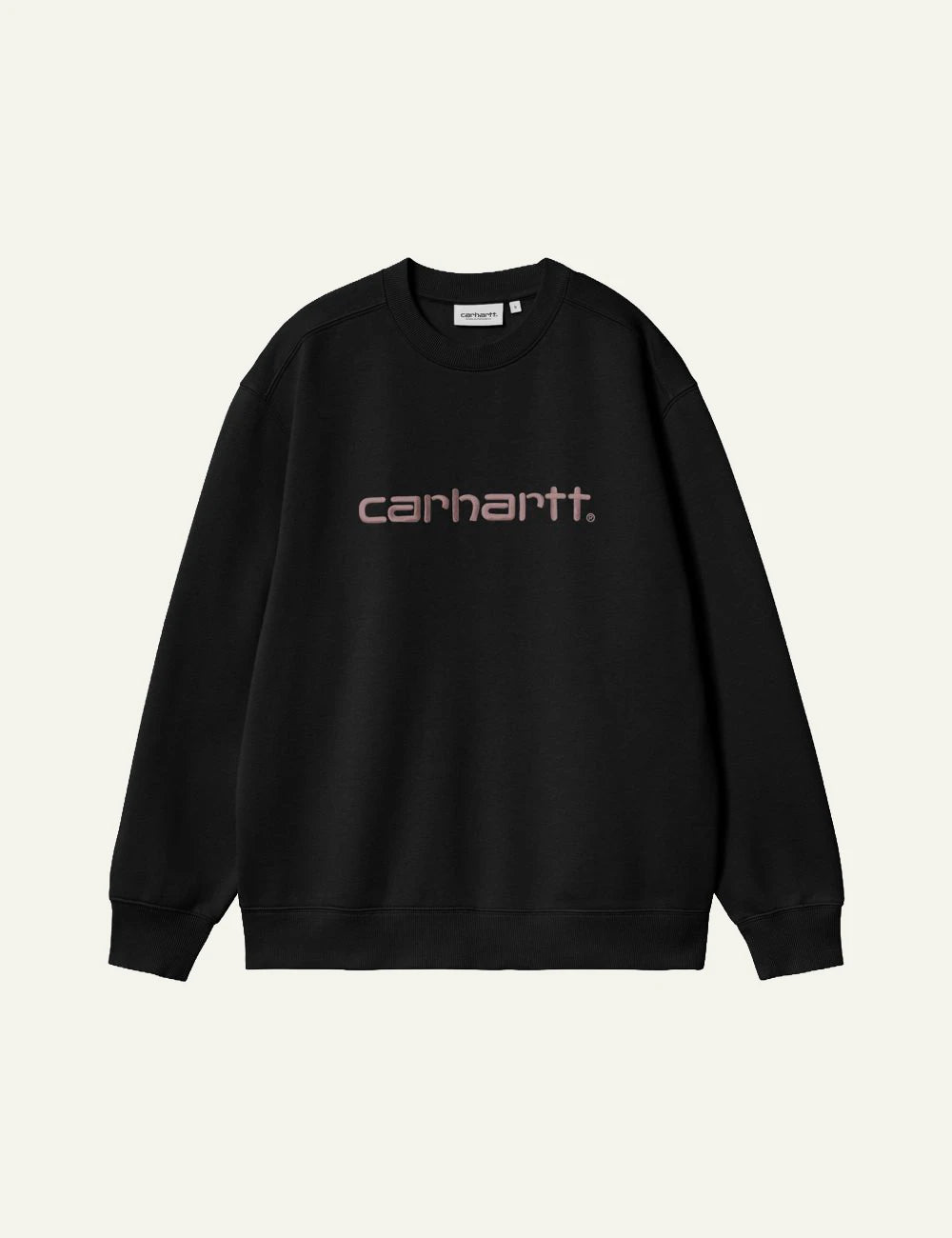 Women's Carhartt WIP black crewneck sweatshirt with pink embroidered script logo product shot