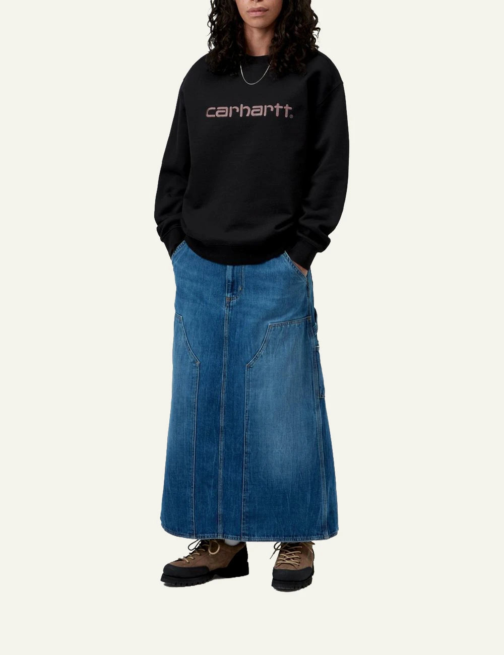 Women's Carhartt WIP black crewneck sweatshirt with pink embroidered script logo front view full look