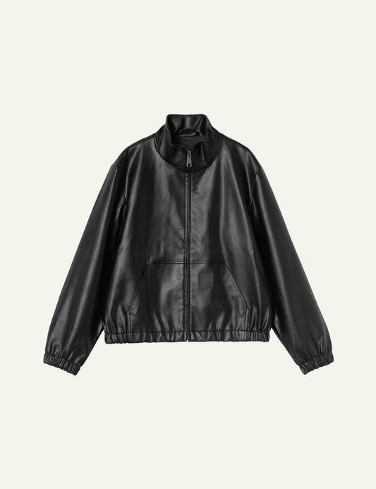 Women's Carhartt WIP black faux leather jacket with stand collar and kangaroo pocket