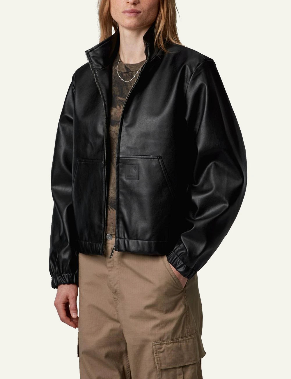 Women's Carhartt WIP black faux leather jacket with stand collar and kangaroo pocket model