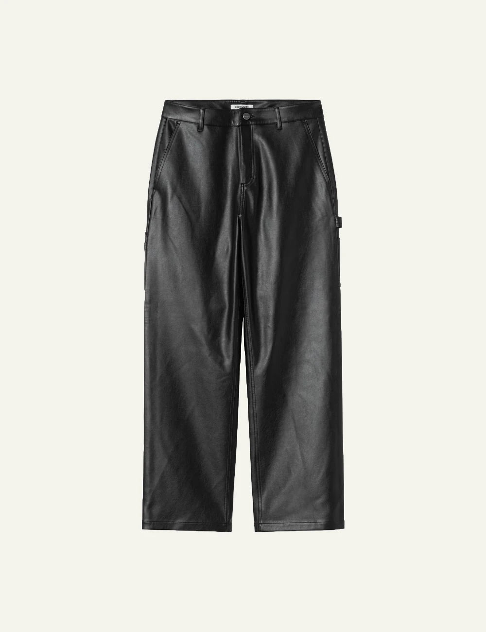 Women's Carhartt WIP black faux leather straight leg work pants with utility pockets