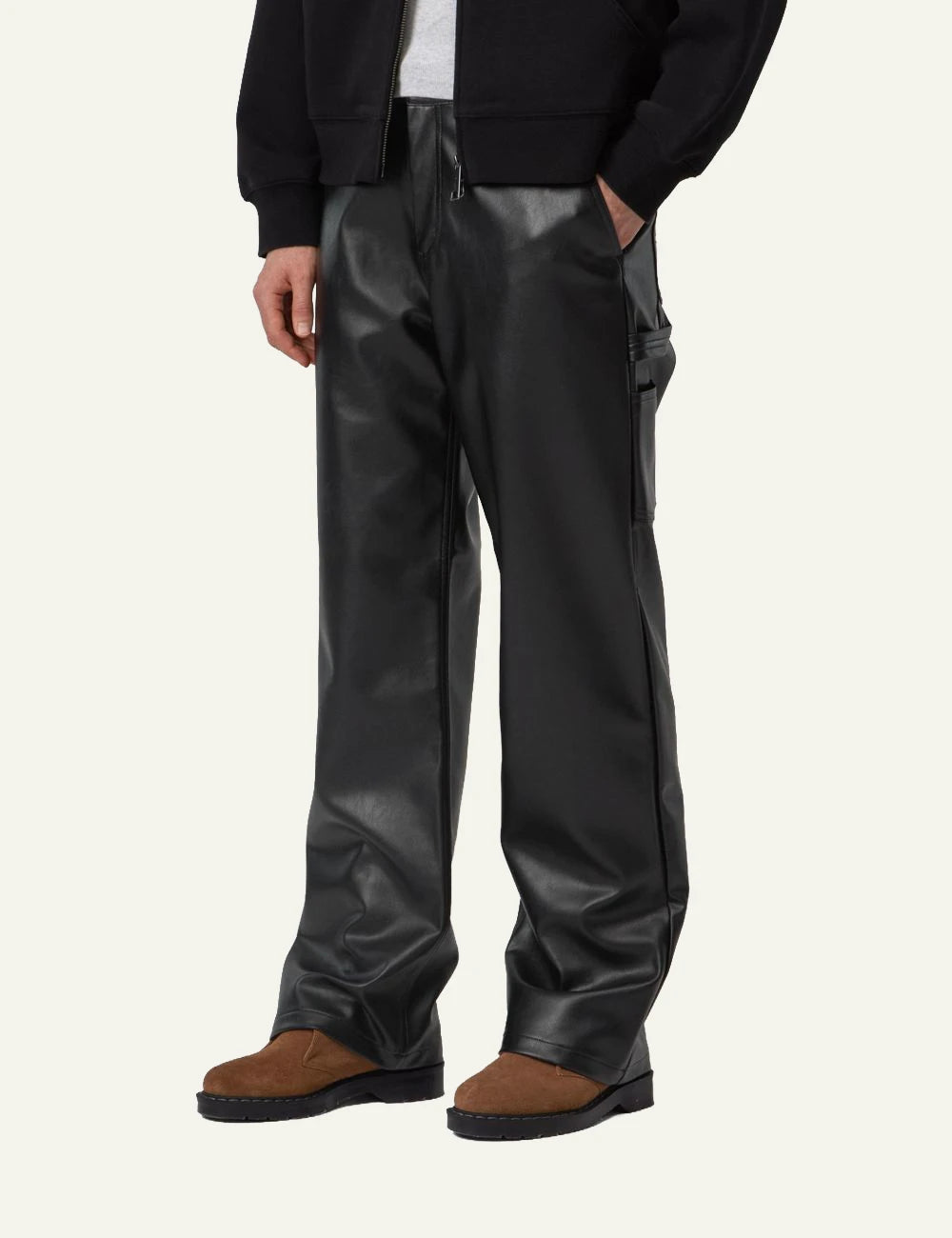 Women's Carhartt WIP black faux leather straight leg work pants with utility pockets side