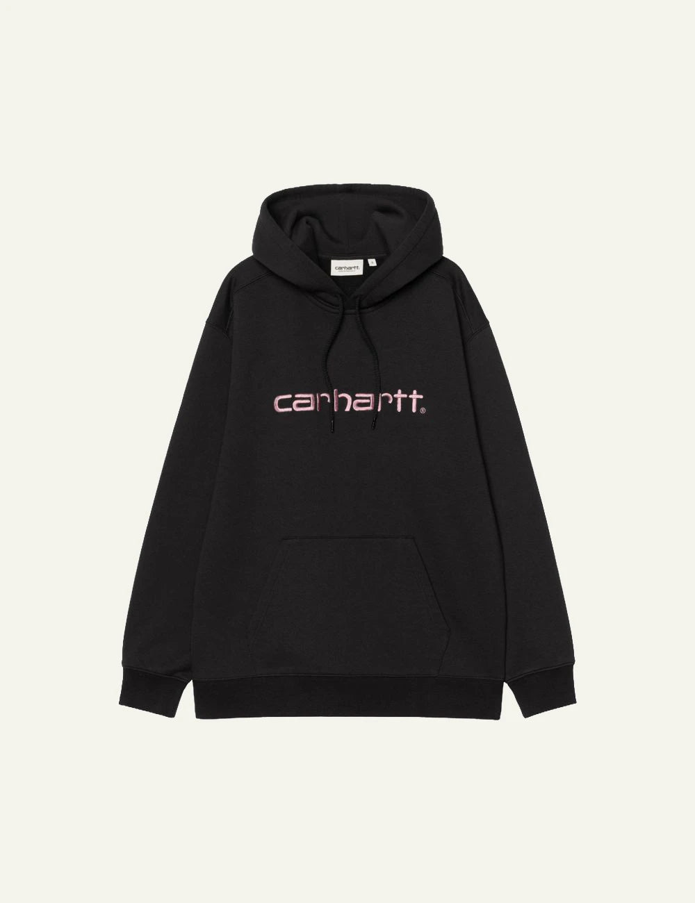 Women's Carhartt WIP black hooded sweatshirt with pink embroidered script logo