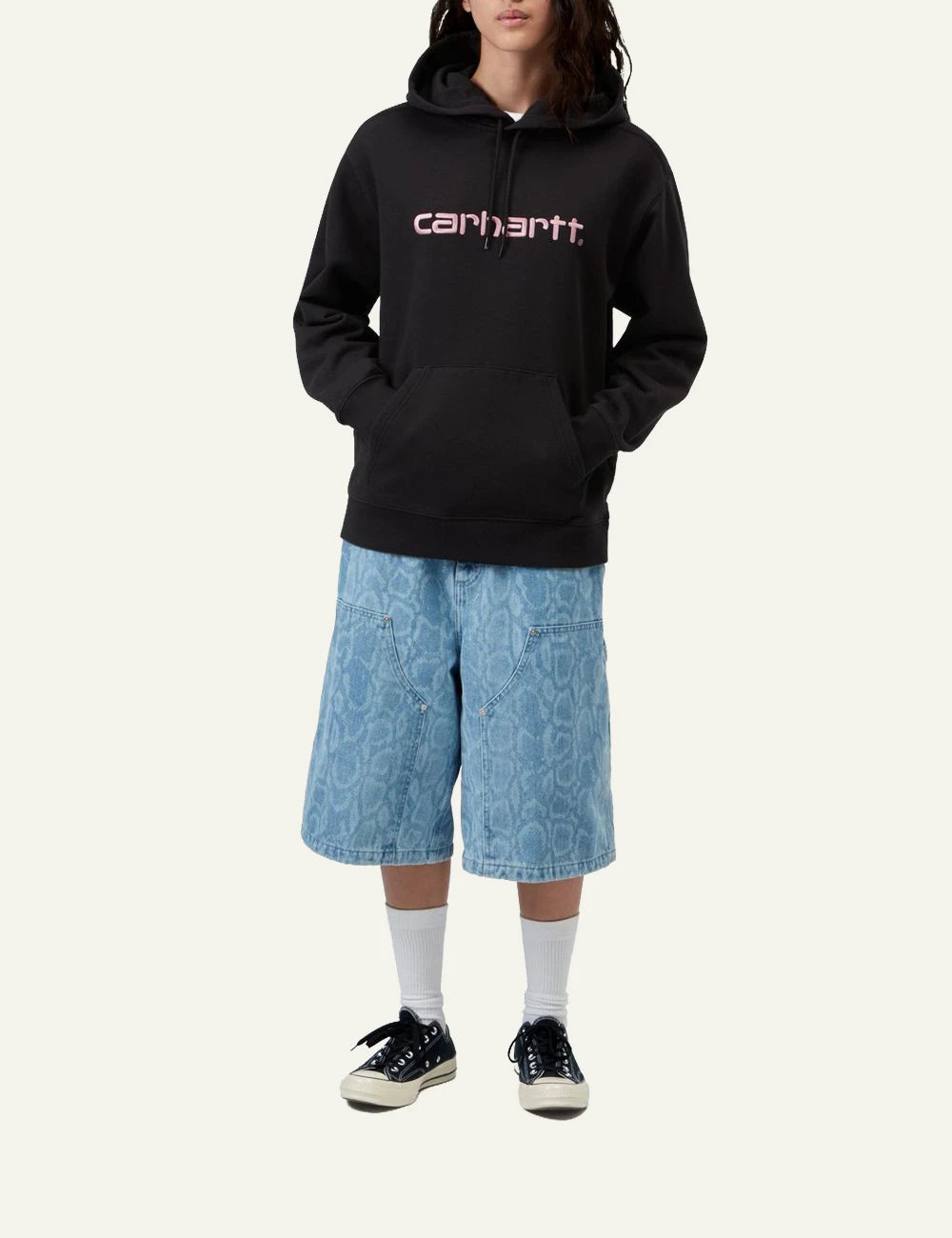 Women's Carhartt WIP black hooded sweatshirt with pink embroidered script logo full body