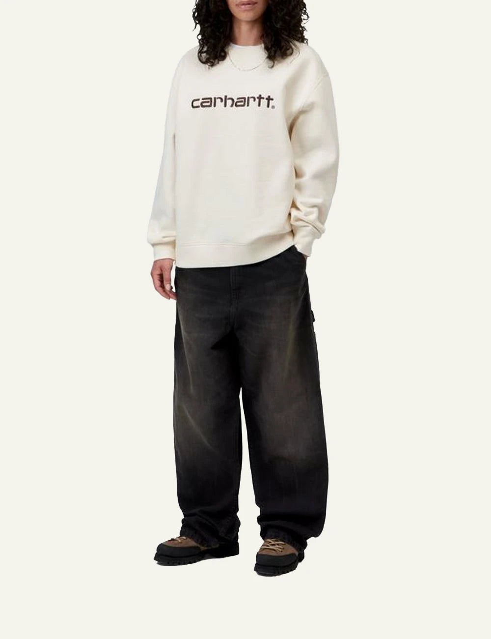 Women's Carhartt WIP ecru crewneck sweatshirt with embroidered script logo full body