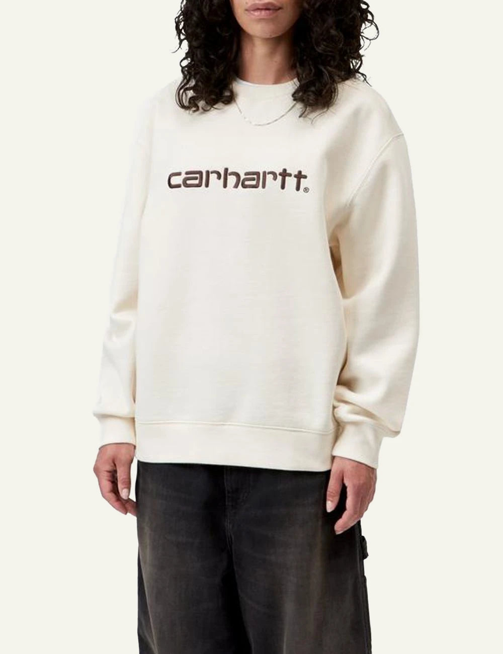 Women's Carhartt WIP ecru crewneck sweatshirt with embroidered script logo model