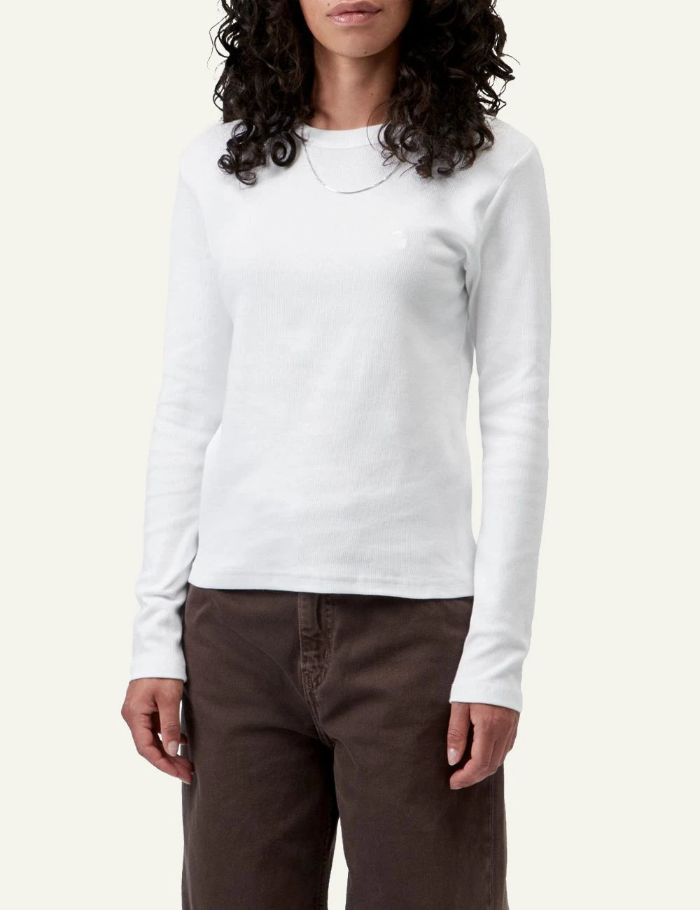 Women's Carhartt WIP L/S Philipa white long sleeve top with embroidered C logo front view