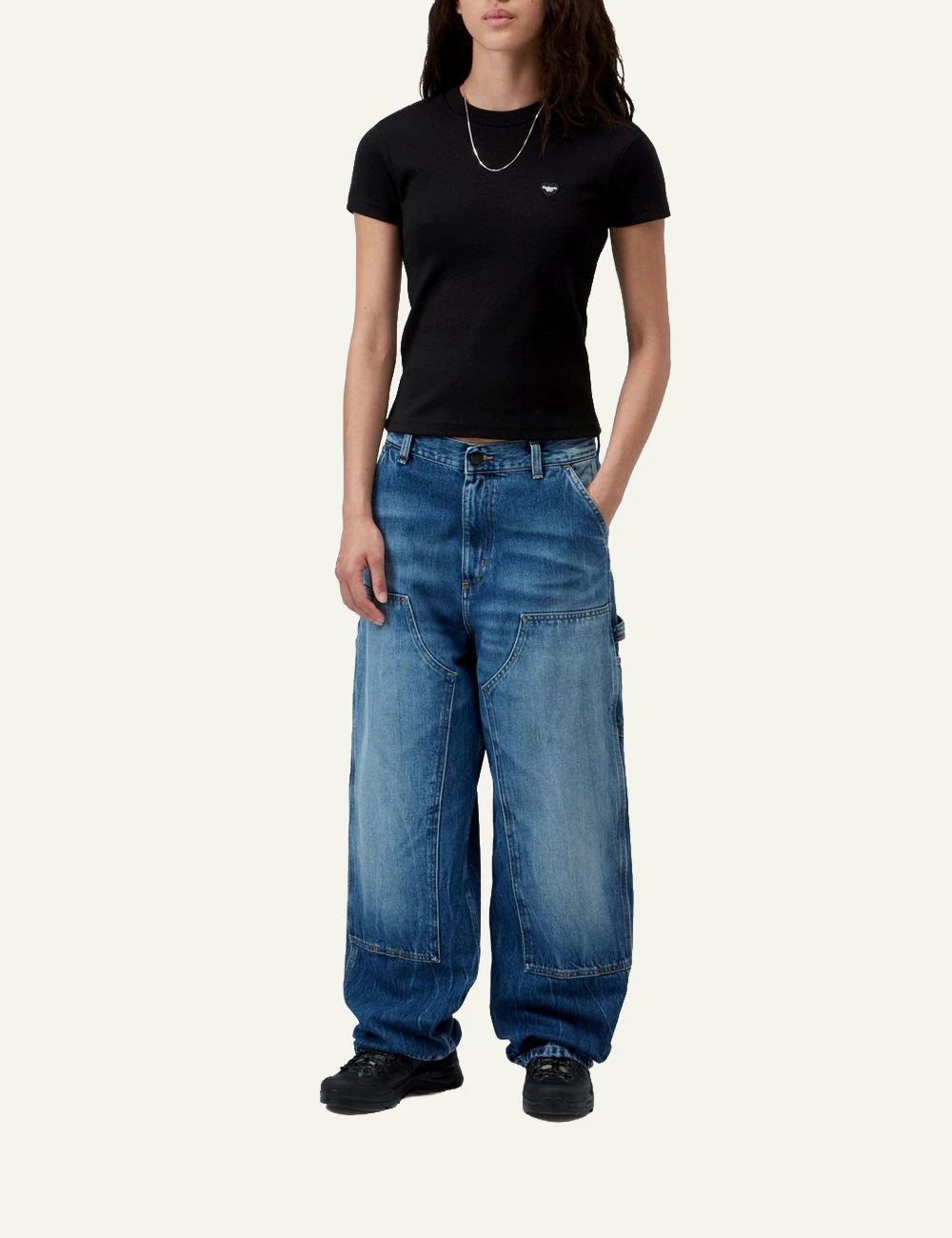 Women's Carhartt WIP Small Heart Patch black top with heart logo front view full look