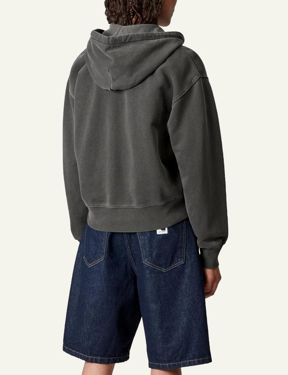 Carhartt zip up hoodie in washed grey with front pocket back model view