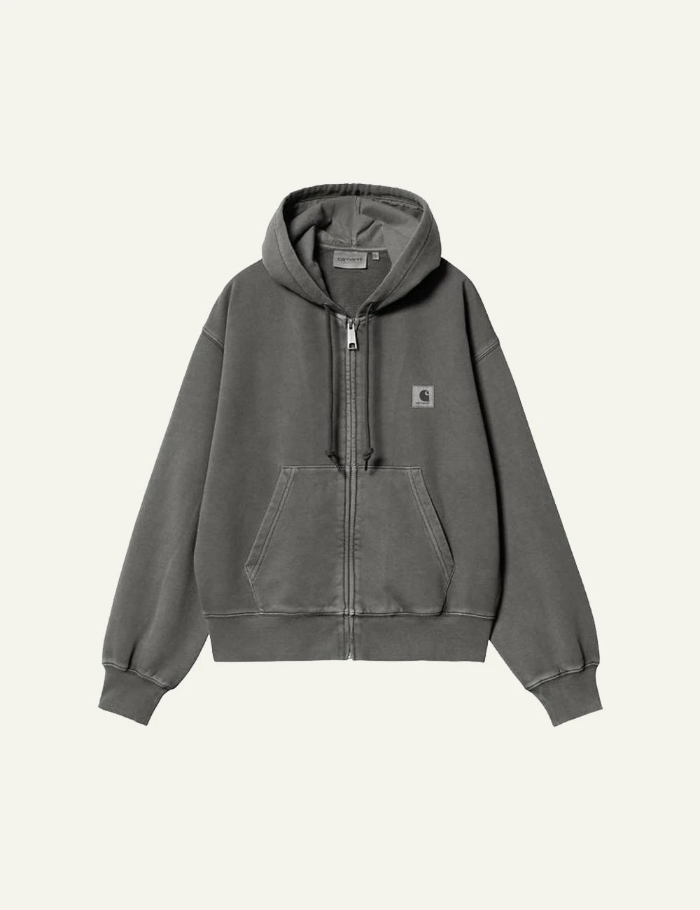 Carhartt zip up hoodie in washed grey with front pocket front flat view