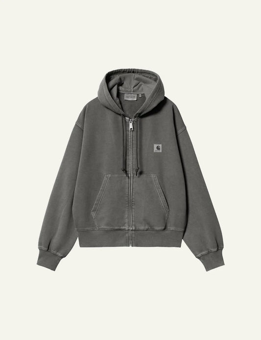 Carhartt zip up hoodie in washed grey with front pocket front flat view